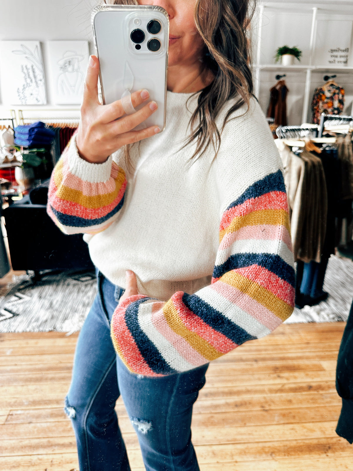 Ivory Mix Striped Detail Sweater-sweater-VerClare Boutique