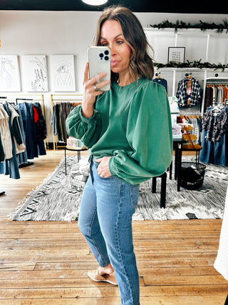 Forest Green Puff Shoulder Sweatshirt-Jackets & Kimonos-VerClare Boutique