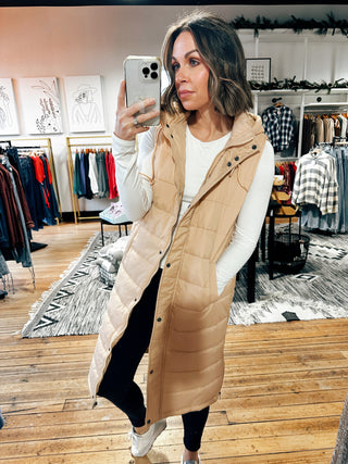 Beige View. Winter Park Hooded Long Puffer Vest - 2 Colors-Jackets & Kimonos-VerClare Boutique