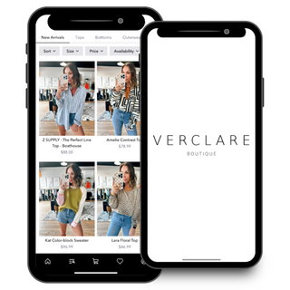 Smartphone displaying a shopping app with product images and Verclare Boutique branding.