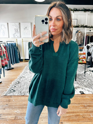 Hunter Green View. Notched Neck Long Sleeve Sweater-2 Colors-Sweaters-VerClare Boutique