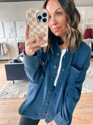 All Day Knit Denim Jacket – Indigo-Jackets & KimonosAll Day Knit Denim Jacket – Indigo | VerClare Boutique | Chenoa, IL-Shop the All Day Knit Denim Jacket in Indigo at VerClare Boutique. A soft, comfortable women’s knit denim jacket perfect for everyday wear and easy layering.-VerClare Boutique
