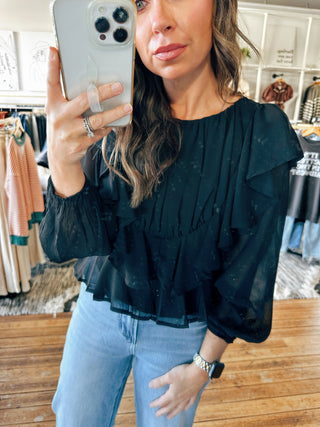 Midnight Ruffle Trim Blouse-Tops Casual-VerClare Boutique