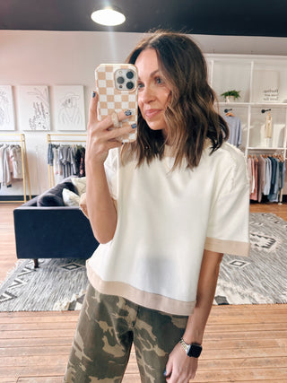 Cora Drop Shoulder Top - White/Taupe-Tops Basic SolidWishlist Cora Drop Shoulder Top – White/Taupe | VerClare Boutique | Chenoa, IL-The Wishlist Cora Drop Shoulder Top in white and taupe offers a relaxed fit, soft fabric, and effortless style for everyday casual wear.-VerClare Boutique