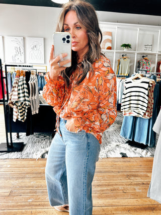 Side View. Dusty Orange Floral Blouse-Tops Casual-VerClare Boutique