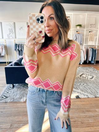 THML-Adeline Diamond Stripe Sweater-SweatersAdeline Diamond Stripe Sweater | VerClare Boutique-Camel sweater with bold pink diamond stripe detailing. Soft, cozy, and relaxed for everyday wear. Free US shipping from VerClare Boutique.-VerClare Boutique