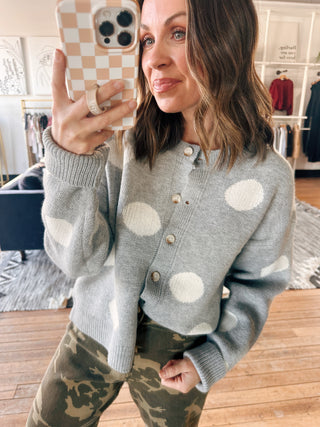 Erysa Polka Dot Cardigan-SweatersErysa Polka Dot Cardigan – Grey & Cream | VerClare Boutique-Soft grey polka dot button-front cardigan with a relaxed fit and cozy knit texture. Cute, playful, and easy to style. Free US shipping from VerClare Boutique.-VerClare Boutique