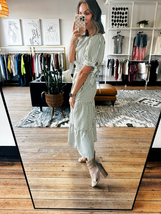 Olive Striped Tie-Sleeve Maxi Dress with Pockets-Dresses & RompersOlive Striped Tie-Sleeve Maxi Dress with Pockets | VerClare Boutique-Women's Maxi Dress | Olive Striped Tie-Sleeve Maxi Dress with Pockets | Sizes: S, M, L | Free US shipping on all eligible orders. Chenoa, Illinois-VerClare Boutique