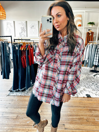 Crinkled Burgundy Plaid Shirt-Tops casual-VerClare Boutique