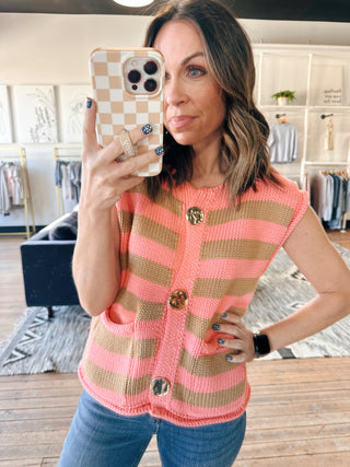 Elodie Striped Knit Sweater - Peach/Mocha-SweatersElodie Striped Knit Sweater – Peach/Mocha | VerClare Boutique | Chenoa, IL-Shop the Elodie Striped Knit Sweater in peach and mocha at VerClare Boutique. A cozy, lightweight knit with soft stripes—perfect for effortless everyday layering.-VerClare Boutique