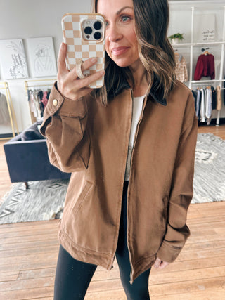 Elliott Barn Jacket-Jackets & KimonosElliot Barn Jacket | VerClare Boutique | Chenoa, IL -Brown barn-style jacket with a relaxed fit and utility-inspired details. The perfect lightweight layer for everyday wear. Free US shipping from VerClare Boutique.-VerClare Boutique