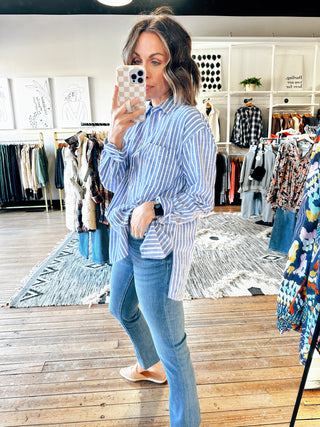 Denim Striped Button Up-Tops Casual-VerClare Boutique