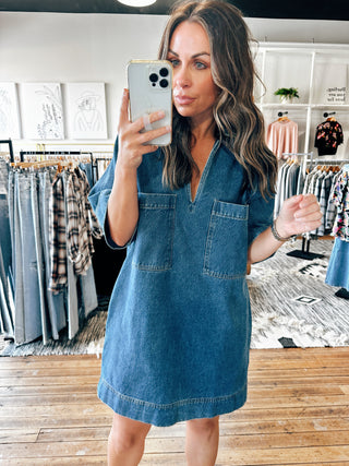 Daisy V-Neck Collared Denim Dress-Dresses & Rompers-VerClare Boutique