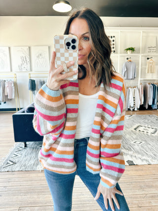 Arlette Striped Sweater Cardigan - Sky/Magenta