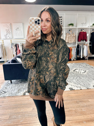 Bayou Camo Fleece Hoodie-Jackets & KimonosWomen's Hoodie | VerClare Boutique-Bayou Camo Fleece Hoodie: Sizes: S - L. Color: Dark Camo. Fabric: 55% Cotton 45% Polyester. Free Shipping on $100+ orders with VerClare Boutique in Chenoa, IL. -VerClare Boutique