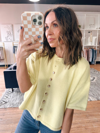 Lana Button-up Sweater Top - Lemon-Tops Basic SolidLana Button-Up Sweater Top – Lemon | VerClare Boutique | Chenoa, IL-The Lana Button-Up Sweater Top in lemon features a soft knit feel, relaxed fit, and classic button-front design for easy, everyday styling.-VerClare Boutique