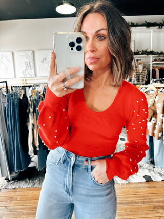 Red View. Pearl Beaded Bodysuit-2 Colors-Tops Casual-VerClare Boutique