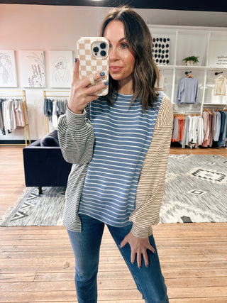 Belle Stripe Soft Brushed Top - Denim Blue Combo-Tops Basic SolidBelle Stripe Soft Brushed Top – Denim Blue Combo | VerClare Boutique | Chenoa, IL-Soft brushed striped top in a denim blue combo with a relaxed, cozy feel. Easy everyday layering piece with timeless style. Free US shipping from VerClare Boutique.-VerClare Boutique