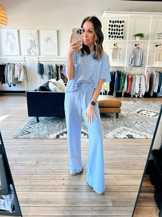 Mindful Pant - Barcelona Blue-BottomsHarper Two Piece Set-Blush | VerClare Boutique | Chenoa, IL-Women's Blush Lounge Set. Available in sizes: S, M, L. 60% Cotton, 40% Polyester. Free US shipping on all eligible orders. Located in Chenoa, Illinois.-VerClare Boutique