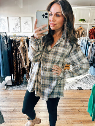 Sandy Plaid Raw Edge Button Up-Tops Casual-VerClare Boutique