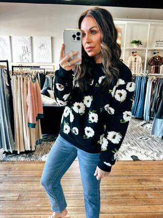 Floral Pullover Sweater-Black-Sweaters-VerClare Boutique