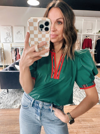 Women’s Green Plaid Trim Top-Tops Casual-VerClare Boutique