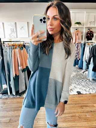 Slate Front View. Chunky Knit Colorblock Sweater-3 Colors-Sweaters-VerClare Boutique