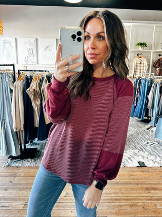 Burgundy View. Colorblock Ribbed Pullover-3 Colors-Tops Basic Solid-VerClare Boutique