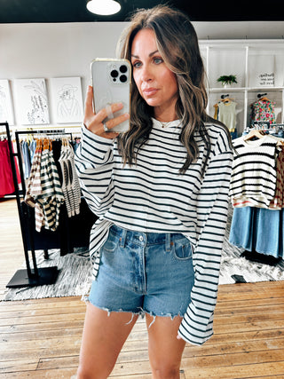 Ivory Black View. Brynn Striped Knit Basic-2 Colors-Tops Basic Print-VerClare Boutique