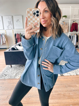 All Day Knit Denim Jacket – Calypso Blue Indigo-Jackets & KimonosAll Day Knit Denim Jacket – Calypso Blue Indigo | VerClare Boutique | Chenoa, IL-Shop the All Day Knit Denim Jacket in Calypso Blue Indigo at VerClare Boutique. A soft women’s knit denim jacket made for comfortable, everyday layering.-VerClare Boutique