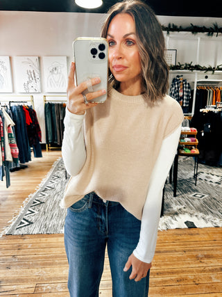 Beige Exposed Seam Sleeveless Sweater-Sweaters-VerClare Boutique