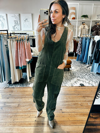 Front View. Olive Corduroy Overalls-Bottoms-VerClare Boutique