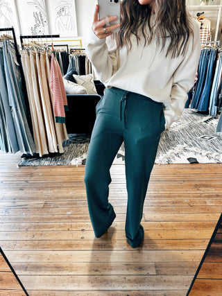 Front View. French Terry Wide Leg Lounge Pants-Jungle Green-Bottoms-VerClare Boutique