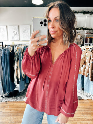 Long Sleeve Split Neck Raglan Blouse-Tops Casual-VerClare Boutique