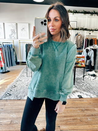 Green View. Acid Washed Loose Fit Sweatshirt-2 Colors-Jackets & Kimonos-VerClare Boutique