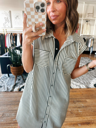 Striped Button-Down Shirt Dress-Dresses & RompersStriped Button-Down Shirt Dress | VerClare Boutique | Chenoa, IL-Women's Shirt Dress | Striped Button-Down Shirt Dress | Sizes: S, M, L | Color: Black Stripe | Free US shipping on eligible orders. Located in Chenoa, Illinois-VerClare Boutique