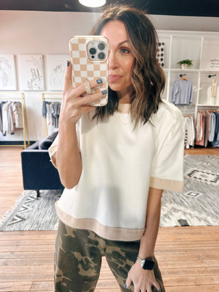 Cora Drop Shoulder Top - White/Taupe-Tops Basic SolidWishlist Cora Drop Shoulder Top – White/Taupe | VerClare Boutique | Chenoa, IL-The Wishlist Cora Drop Shoulder Top in white and taupe offers a relaxed fit, soft fabric, and effortless style for everyday casual wear.-VerClare Boutique