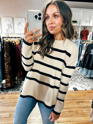 Front View. Almond Stripe Side Slit Sweater-Sweaters-VerClare Boutique