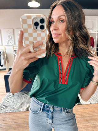 Women’s Green Plaid Trim Top-Tops Casual-VerClare Boutique