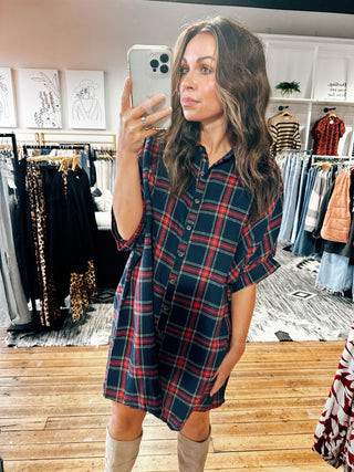 Navy View. Leslie Plaid Shirt Dress-2 Colors-Dresses & Rompers-VerClare Boutique