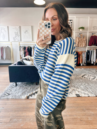 Melanie Striped Knit Sweater-SweatersMelanie Striped Knit Sweater | VerClare Boutique | Chenoa, IL-Blue and cream striped contrast sweater with a soft, relaxed fit. Effortless, coastal-inspired style for everyday wear. Free US shipping from VerClare Boutique. | Sizes: S, M, L | Color: Pacific | Free US shipping on all eligible orders. Located in Chenoa, Illinois-VerClare Boutique