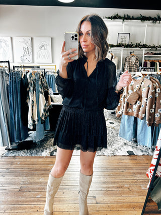 Front View. Esme Pleated Long Sleeve Mini Dress-Dresses & Rompers-VerClare Boutique