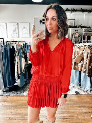 Front View. Rory Pleated 3/4 Sleeve Mini Dress-Dresses & Rompers-VerClare Boutique