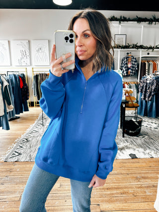 Royal Blue Quarter Zip Pullover-Jackets & Kimonos-VerClare Boutique