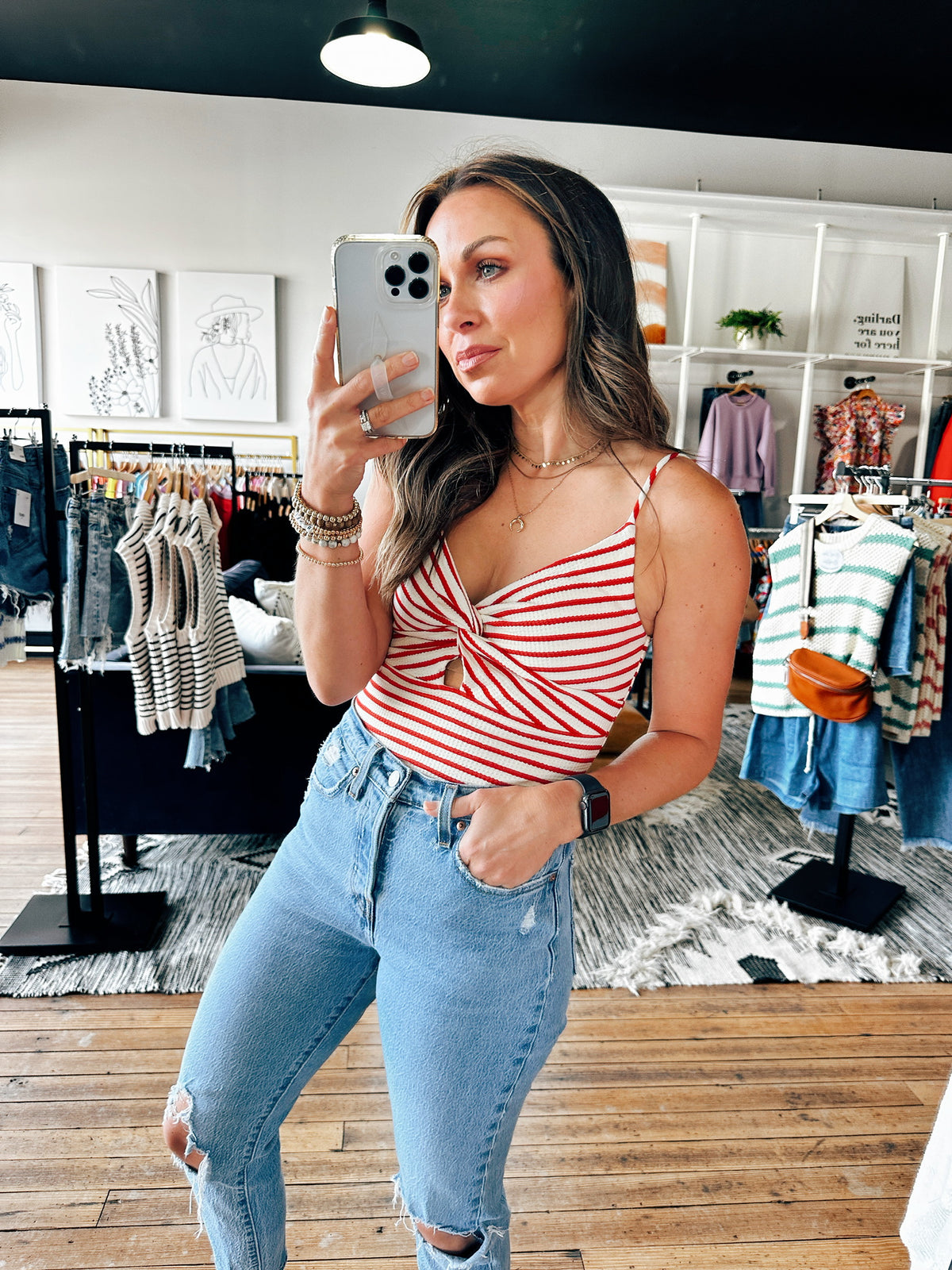 Red Freedom Striped Bodysuit-Tops Casual-VerClare Boutique