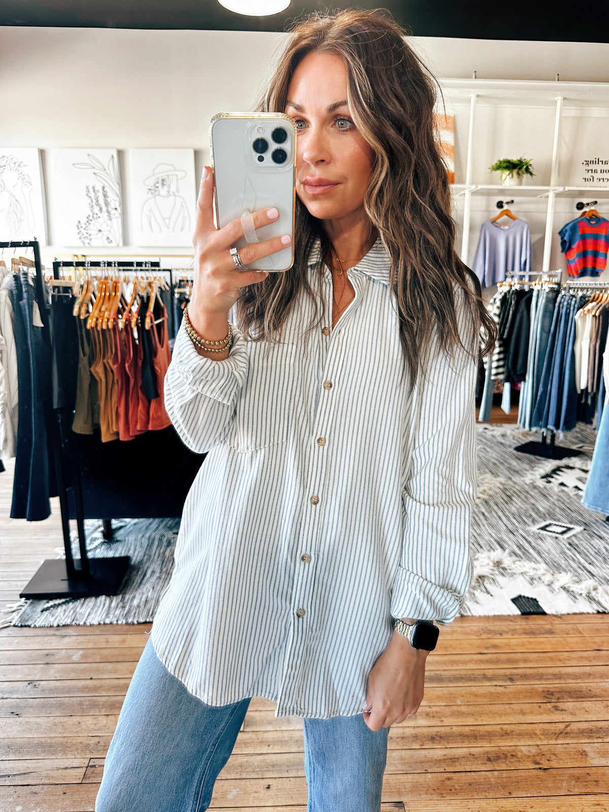 Front View. Pinstripe Cotton Button Up-Tops Casual-VerClare Boutique
