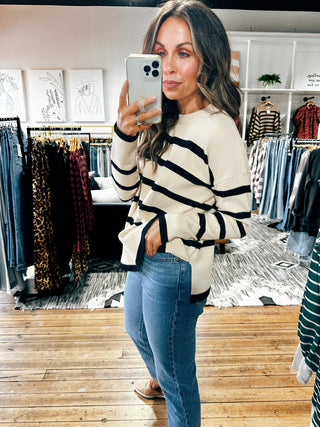 Almond Stripe Side Slit Sweater-Sweaters-VerClare Boutique