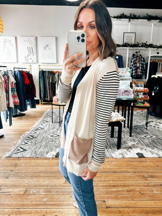 Side View. Taupe Color Block Cardigan-Sweaters-VerClare Boutique