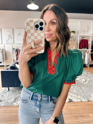 Women’s Green Plaid Trim Top-Tops Casual-VerClare Boutique