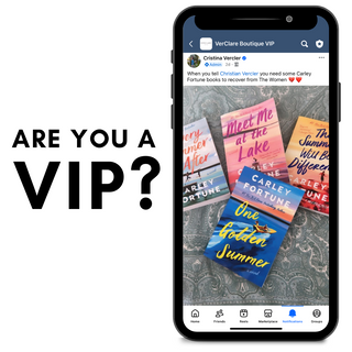 “VerClare Boutique VIP Facebook post featuring Carley Fortune books on patterned background”

